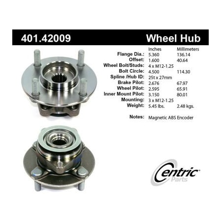 Centric C-Tek Standard Hub and Bearing Assembly; With ABS Tone Ring / Encoder, C-Tek 401.42009E 401.42009E